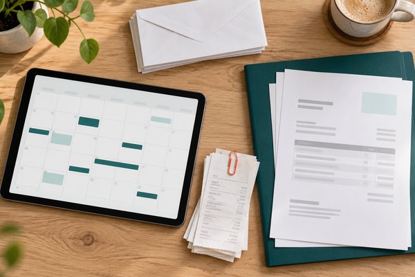 Tablet mit Kalender, Dokumentenmappe, Belege und Briefumschläge auf einem geordneten Schreibtisch.