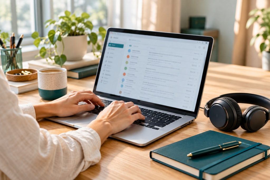 Hände an einem Laptop mit E-Mail-Postfach, daneben ein Headset und ein petrolfarbenes Notizbuch.