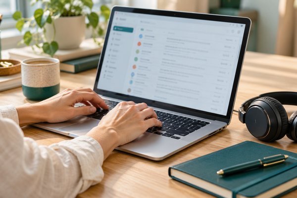 Hände an einem Laptop mit E-Mail-Postfach, daneben ein Headset und ein petrolfarbenes Notizbuch.